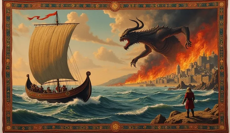 ancient tapestry of a Viking on a drakkar sailing in the direction of dry land where a huge fire demon is destroying a city