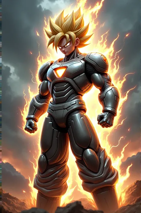 Realistic Super Saiyan 2 Goku wearing Iron Man armor