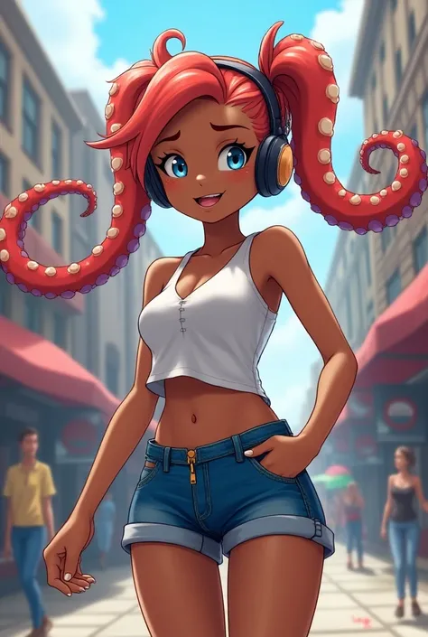 splatoon style anime illustration,octopus girl,octoling,skiny tank-top,(Denim shorts with open zipper),dark skin,hair with octopus suckers, headphone,navel,in street,open mouth smile,