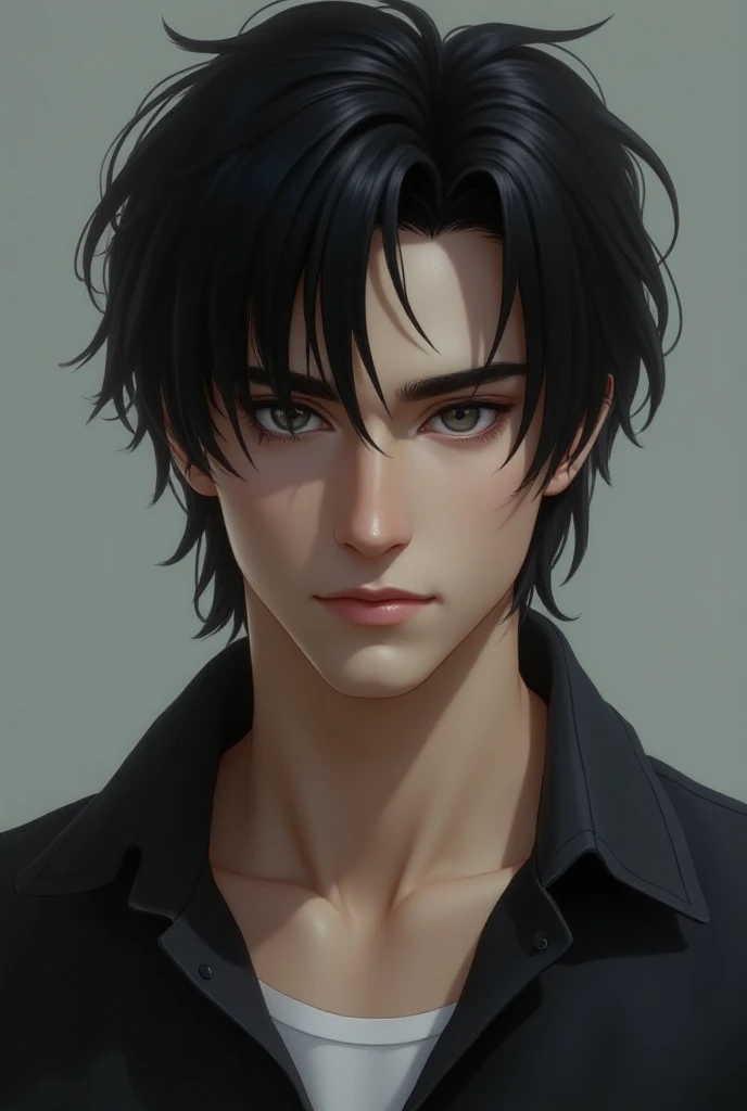  Alaric

Hair : black and smooth,  with a medium length that almost touches the shoulders ,  slightly untidy .

eyes: Dark grey ,  with a serious and calculating look .

Style:  generally wearing comfortable shirts 
Other details: pale skin,  with an air o...