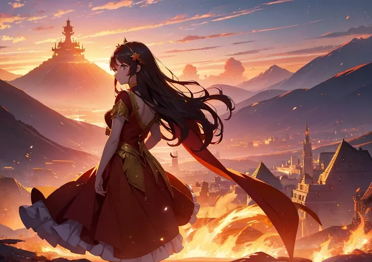 A girl with the element of fire wears a gorgeous red and gold Disney princess-style dress, with the distant mountains visible from Liyue Port at her back, and fluffy, burning flame effects dance around her. The light of the setting sun reflects off her dre...