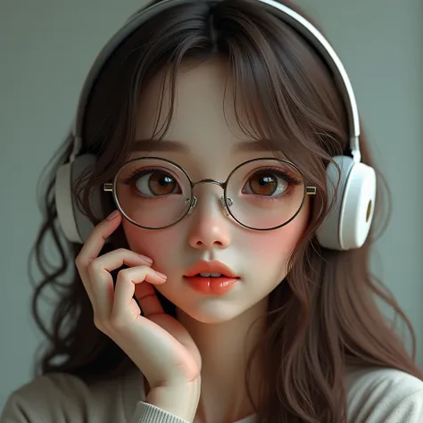  Very intelligent and curious girl with long brown hair and brown eyes.  She wears glasses and headphones . She is very delicate and sweet. Show only your face 