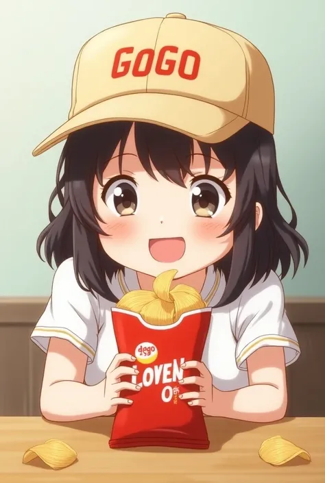 Anime are cute  、    potato chips and cola

One persons 、 wearing a beige cap、The capital letters GOGO are written on the hat
smiling, 