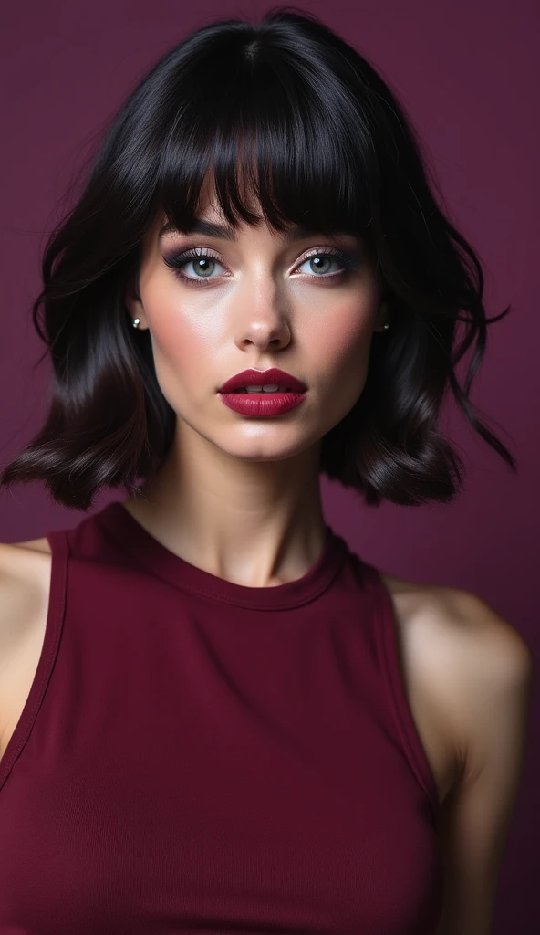 full body shot, 1beautiful adult woman, 25 years old, pointed nose, fleshy red lips, hourglass body, triangular face, big hair with bangs (wine), blue eyes, {looking directly at the viewer}, {facing forward}, {perfect anatomy}, {image focused only on the f...