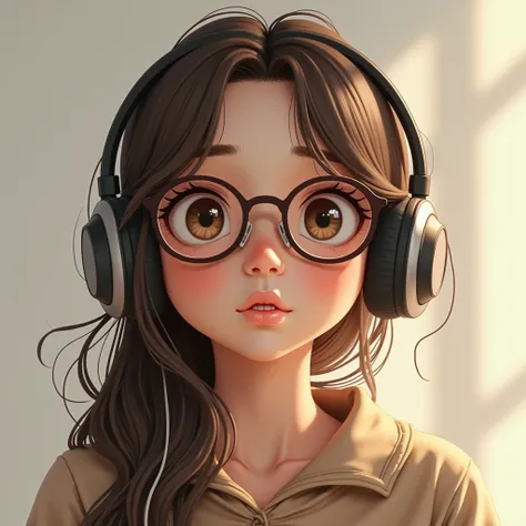  Very intelligent and curious girl with long brown hair and brown eyes.  She wears glasses and headphones . She is very delicate and sweet. Show only your face . semi realistic style