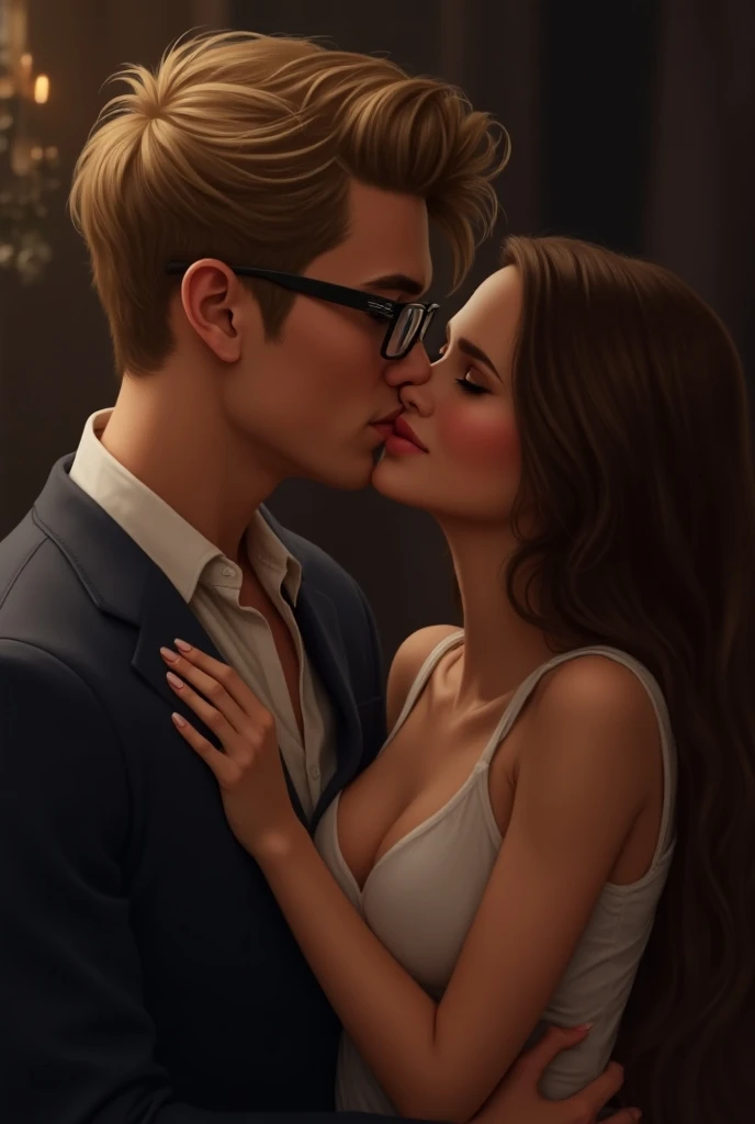 Hello could you create an image for me of a handsome blond boy with glasses making out with a girl with brown hair who is also beautiful.