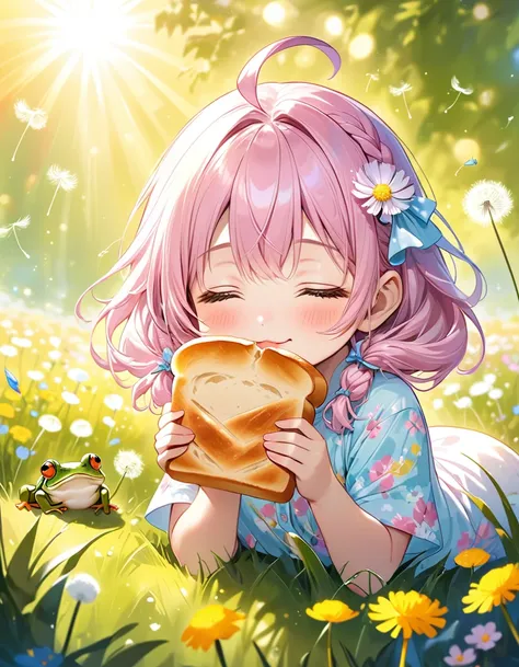 ((Hold a slice of bread :1.5、Sleep with half your eyes open in the grass:1.5、 lie face down and place your hands under your chin :1.5))、((One Girl:1.5)、((Chibi Girl:1.5)))、Kindergarteners:1.5、Best Quality、 High Resolution 、 detailed background、 beautiful f...