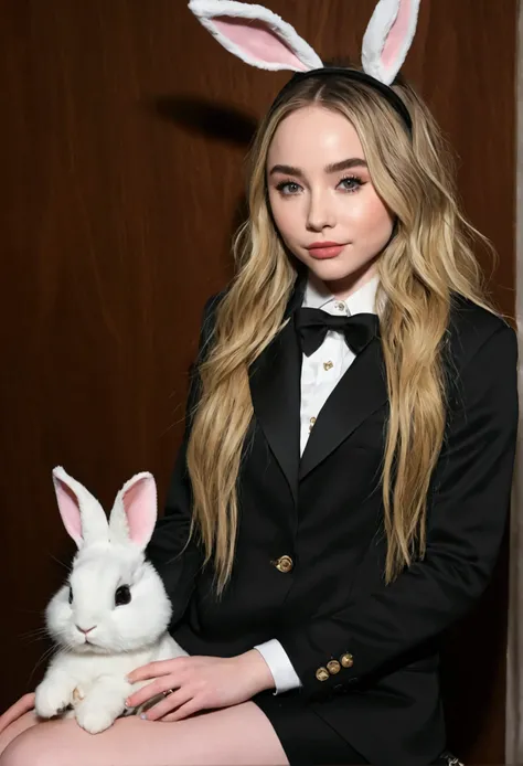 Sabrina Carpenter et son superbe cul dans une tenue de lapin Playboy noire dans un salon faiblement éclairé.