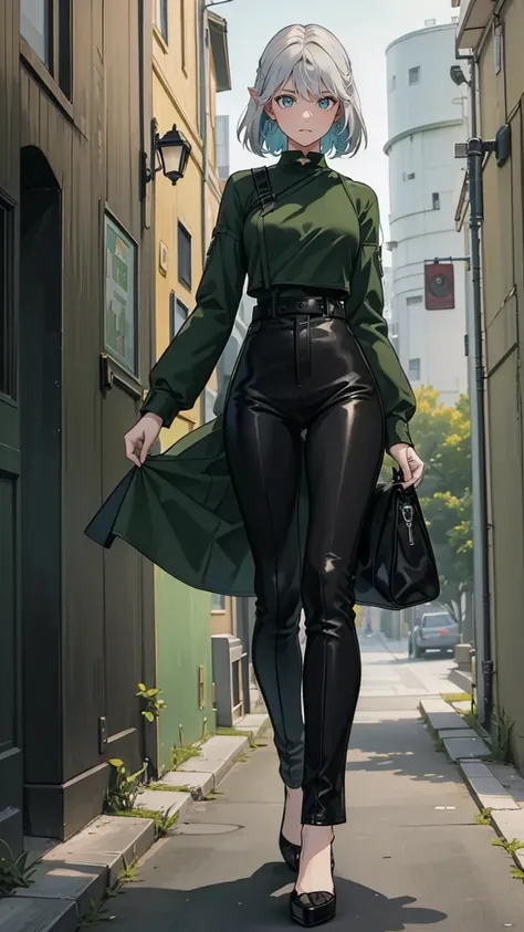 ((green eyes)). 1girl, solo, teenager, white hair, ((green eyes)), full body, pants, long sleeves, pointed ears. ((black clothes...