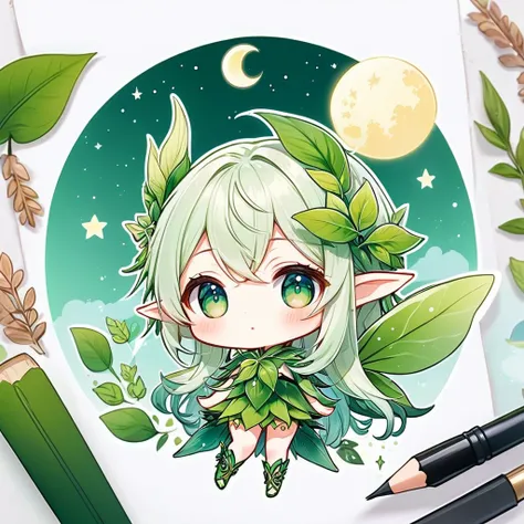 Chibi character, kawaii leaf and moon elf fairy, best quality