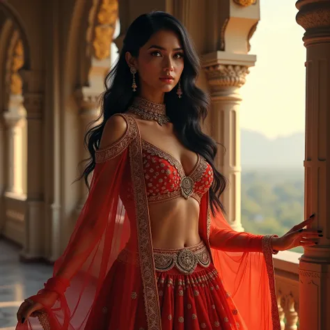 "Princess Savita is a hot and sexy young woman, around 25 years of age. Her hair is long, black and wavy, falling on her shoulders. She is wearing a gorgeous royal lehenga, with bright colors and intricate embroidery. Her breasts are large and full. Her ey...