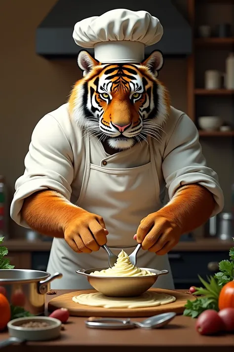 A tiger chef making a cream