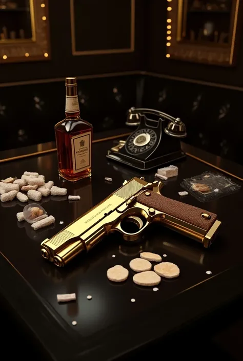 A wide view of a luxurious table, on which there is a gold-plated gun, on the other side, a bottle of whiskey and a late-model telephone, and on the other side all kinds of drugs.