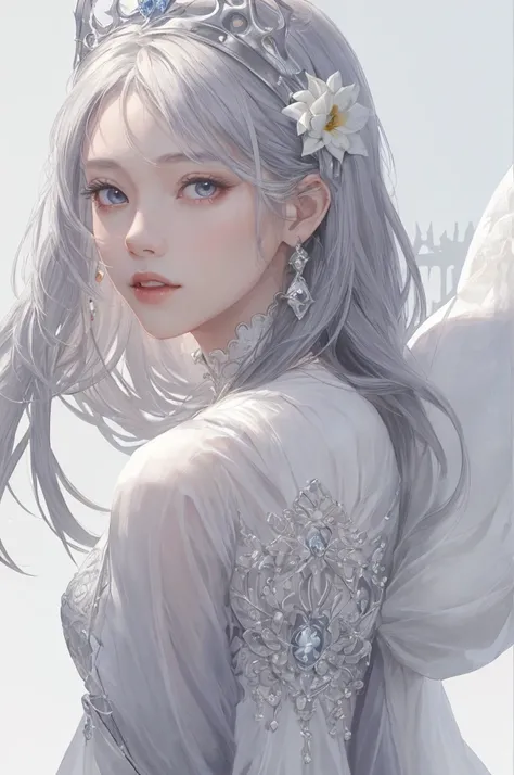 Best AI Image Generated Creator 、 1 beautiful girl、Big round eyes、Alone、Realistic,lips,masterpiece, best quality ,Good anatomy， skin texture、  white background、Small breasts、Gray Hair、White Dress、 fantasy art style with flower work, palace 、 Azure. Detaile...