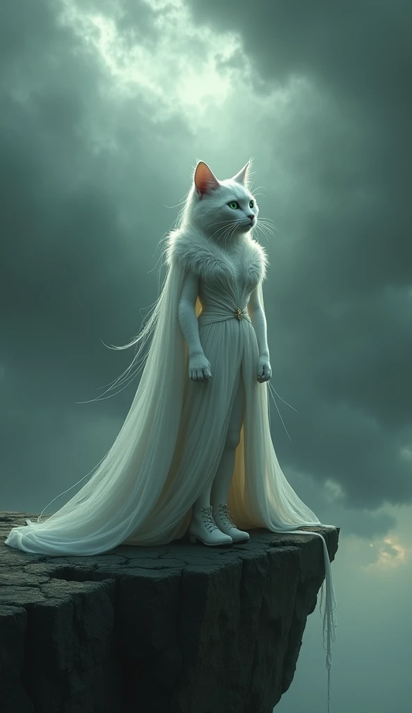 Image 1: **"Despair"**  
A digital illustration featuring a white, handsome anthropomorphic cat with long, wavy silver hair and large green eyes, wearing an elegant dress and stylish shoes. The cat stands on the edge of a cliff, looking down with a sorrowf...