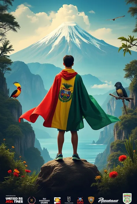  The image you have shared is a visually striking design with a strong sense of national identity.  The main focus is a young man with his back ,  covered with a Bolivian flag while in an elevated position ,  looking towards a majestic natural landscape . ...