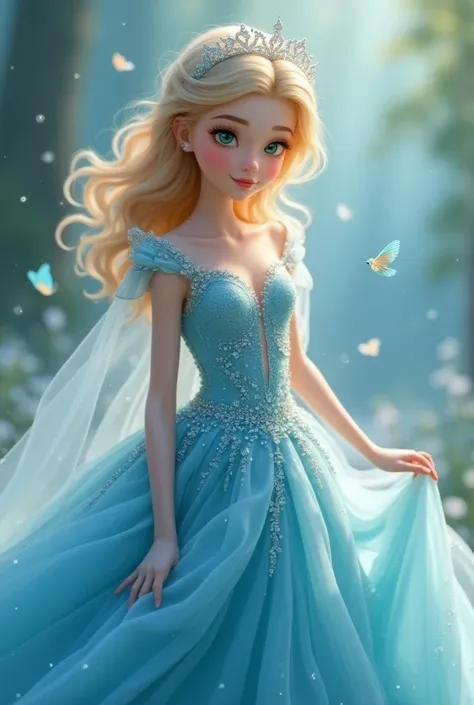 girl、Blue dress、Princess line、Swarovski Rhinestones、Decoration、green eyes、gold hair color、