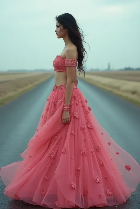 Beautiful Girl standing at highway wearing a cute wet pink lehenga 