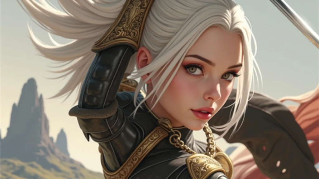 beutiful girl, white hair, in armor, landscape background, with sword, high quality, swinging her sword