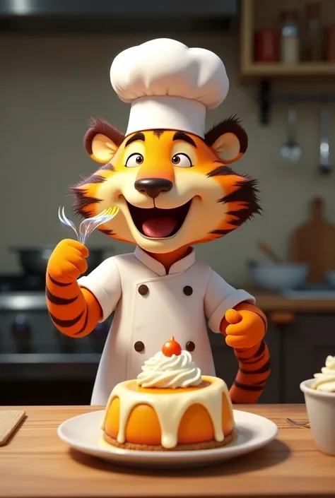 An animated tiger chef eating a chantiline cream