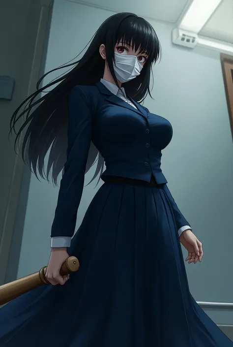  A woman with long black hair and a fringe on her forehead .  The woman is wearing a very long Japanese skirt going up to her feet,  she wears a dark blue Japanese school uniform , and a surgical mask on her face .  The woman is holding a baseball bat . th...