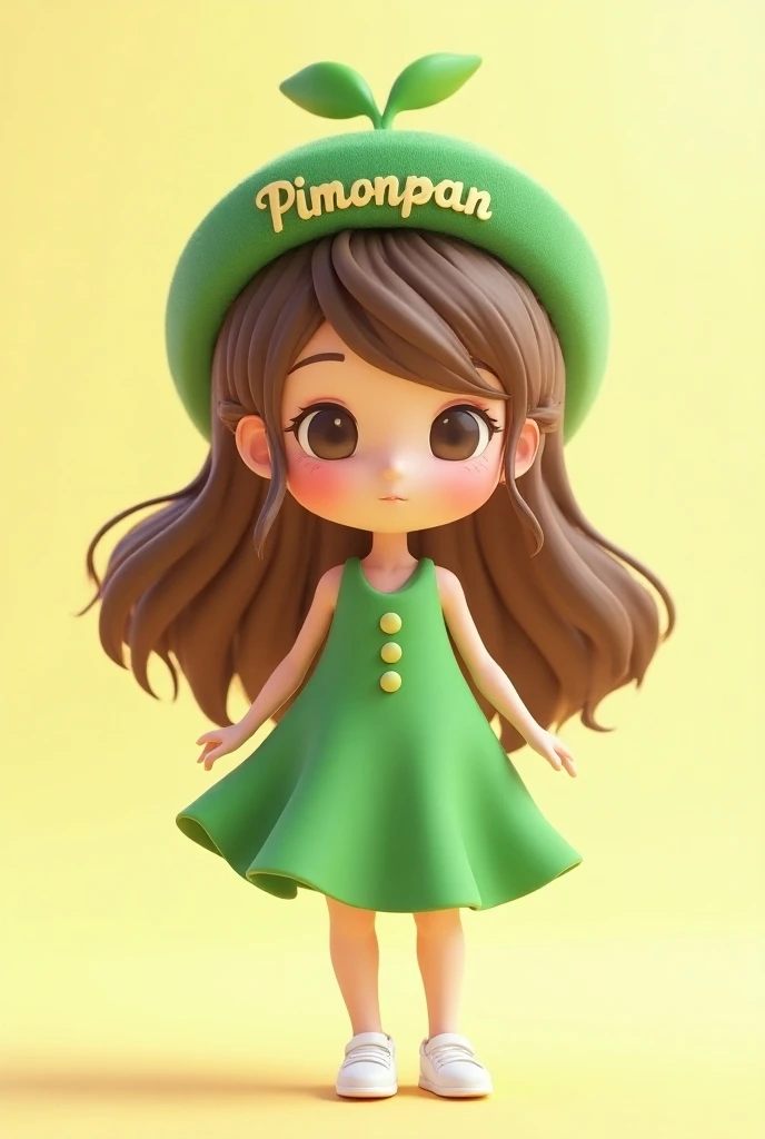  Concise and direct
> "Render a 3D image of a chibi-style girl named PIMONPAN. She has long, wavy brown hair with gold highlights and wears an apple green dress. Her green hat is adorned with her name in gold lettering. She is wearing white shoes. The over...