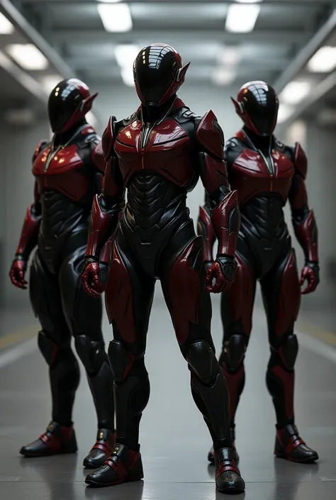 Three futuristic armors in different poses with a smooth front visor and with red and black tones  