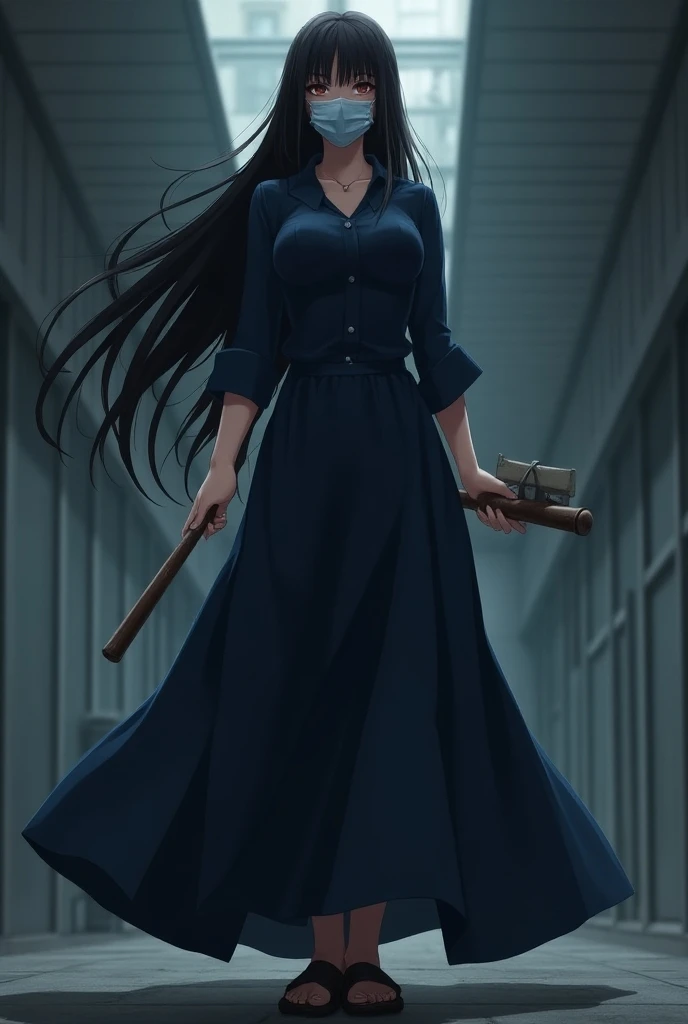  A woman with long black hair and a fringe on her forehead .  The woman is wearing a very long Japanese skirt going up to her feet,  she wears a dark blue Japanese school uniform , and a surgical mask on her face .  The woman is holding a baseball bat . th...