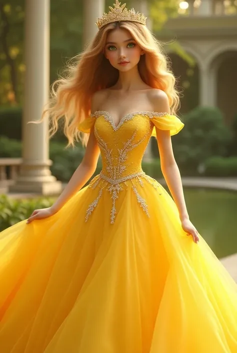 girl、yellow dress、Princess line、Swarovski Rhinestones、Decoration、green eyes、gold hair color、