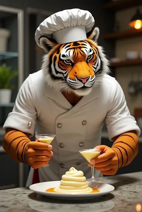 A tiger chef eating a glass of Chantiline cream