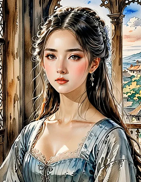 top quality, very beautiful manga drawn during the renaissance, portrait of one girl staring at the viewer, exquisite lines in h...