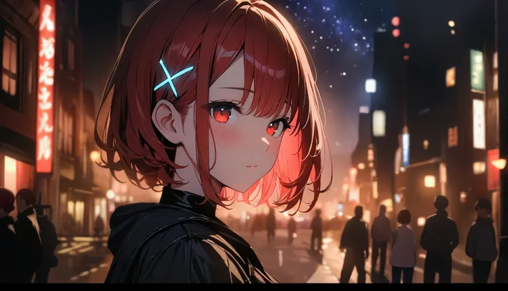  short hair, (Red Hair:1.2), X Hair Ornament, Red Eyes,One person,Best Quality, masterpiece,  High Resolution ,highest quality, intricate details, (cinematic lighting), RAW photo, 8k ,high definition detail、City、pop、night景、City、Town、Starry Sky、night