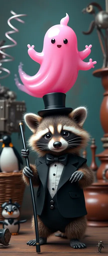 A professional photo of a cute, extra fluffy baby raccoon wearing a tuxedo and hat, holding a pink little ghost by the horns from above. The ghost is made of a liquid glossy substance that spreads out in all directions. The background contains a basket wit...