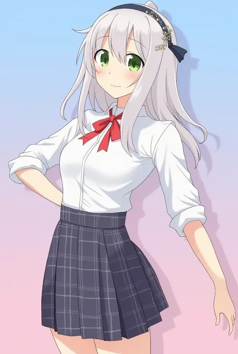 1girl, (masterpiece:1.1), (best quality:1.1), (white blouse:1.1), (plaid skirt:1.1), school uniform, high waist skirt, BREAK [blue:pink:0.5] theme, (gradient background:1.1 ), cowboy shot, BREAK silver hair, long hair,, green eyes, delicate headgear, looki...