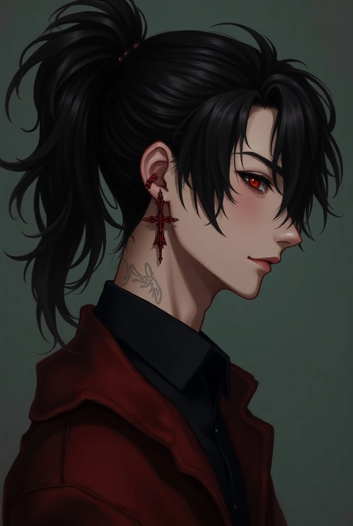 boy , High,  with black wavy hair,  ponytail , red glrza ,  cross ear earring  