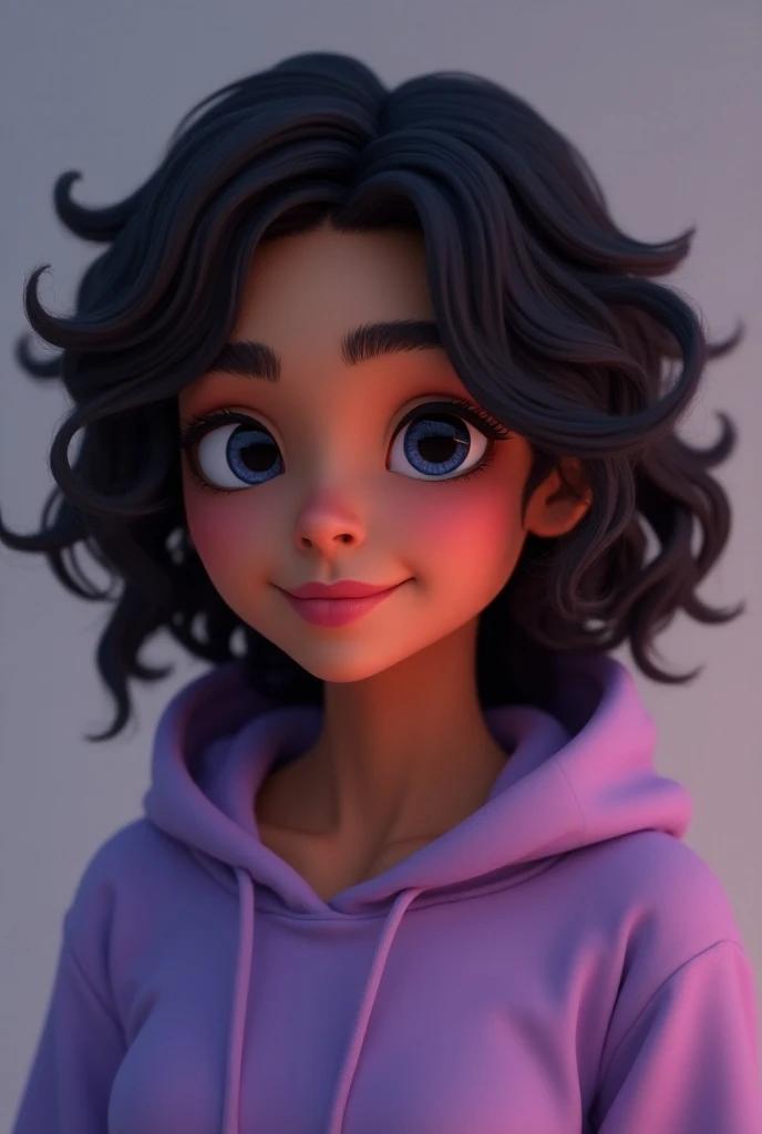 Nerina dark blue eyes like starry night very dark curly hair pink lips brown skin and a gentle smile 18 year old purple hoodie style 3d