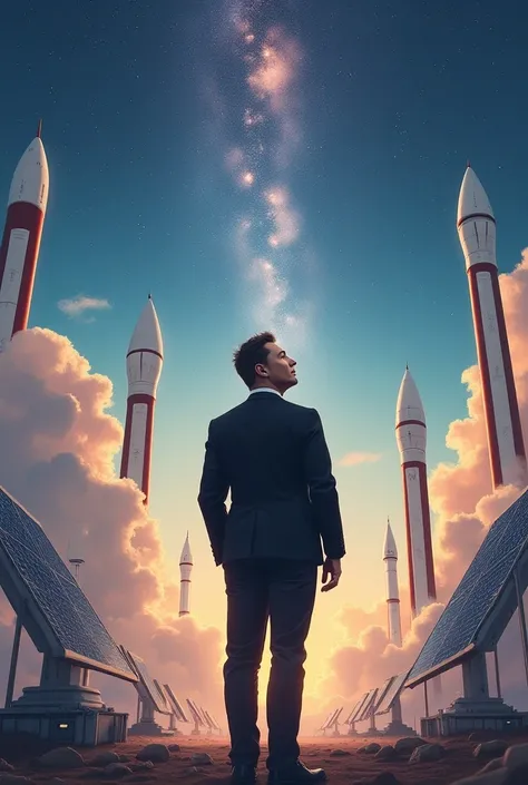 A visionary image of Elon Musk looking up at the stars, with rockets, AI robots, and solar panels around him, pushing the limits of human imagination.