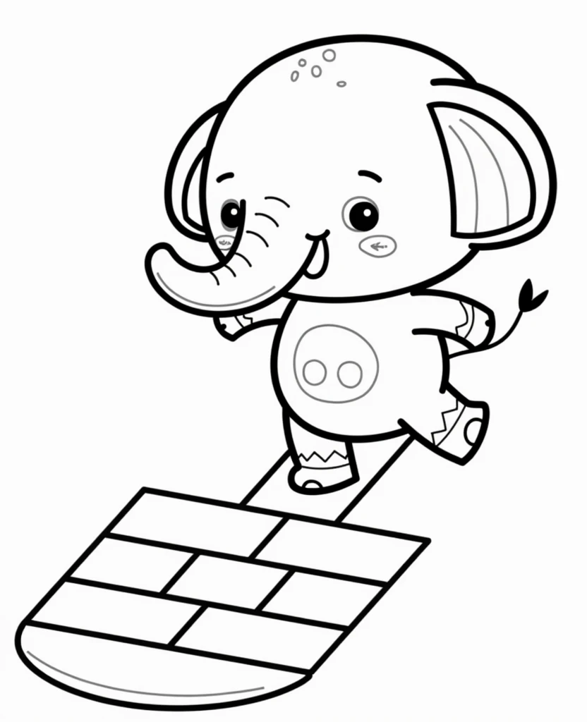 Create cartoon drawing of elephant playing engklek with simple garden back ground for kindergarten  coloring race