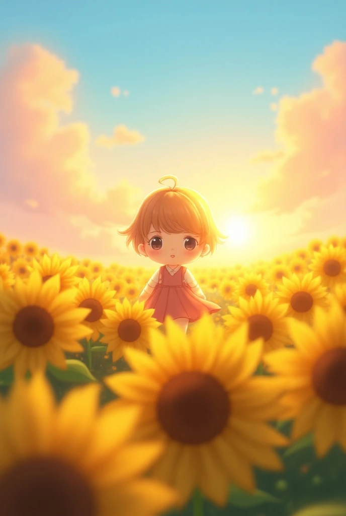  "Create a 3D render of PIMONPAN, a chibi character with large, expressive eyes and a small nose. She should be standing in a field of blooming sunflowers, with the warm sunlight casting long shadows. Her dress should have a slight windblown effect, and he...