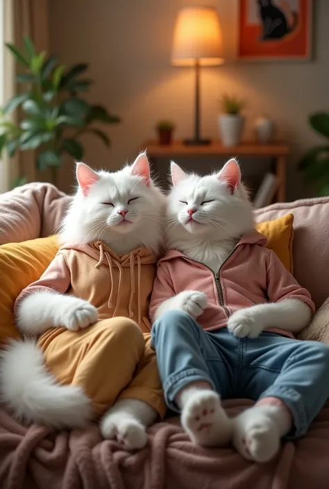 A stylish scene featuring a beautiful white female cat with long, flowing fur, dressed in trendy, colorful clothing that highlights her fashionable flair. She sits comfortably on a plush sofa, exuding confidence and charm. Next to her is her handsome boyfr...