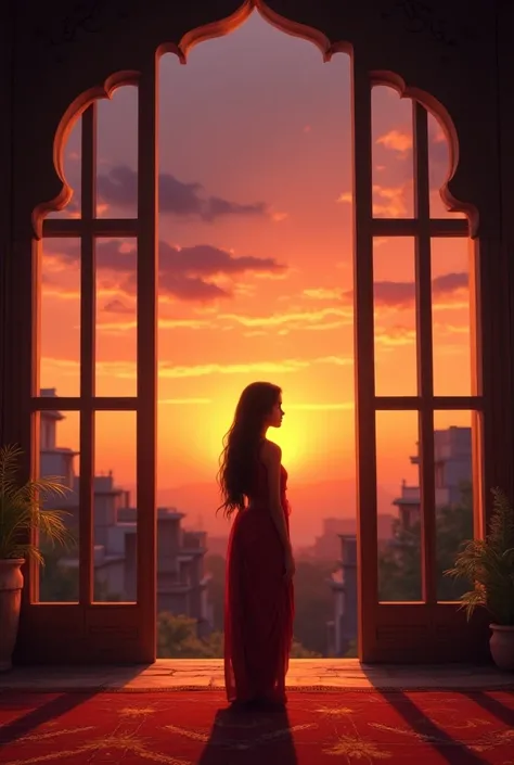 A indian girl and standing in front of room windows watching sun set