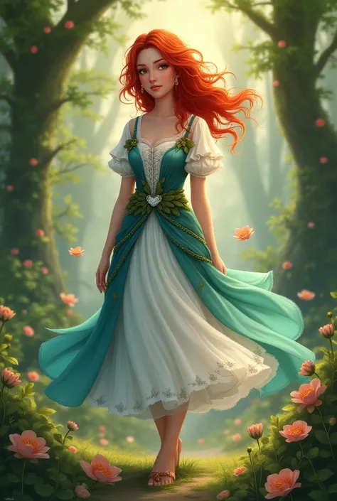 Create an image of a redheaded healer , in a flowing ,  playful dress with floral pattern and leaves.  The dress should show a white underdress with a blue-green outer dress.   The dress should go up to the ankle at most, have a lacing on the chest ,  with...