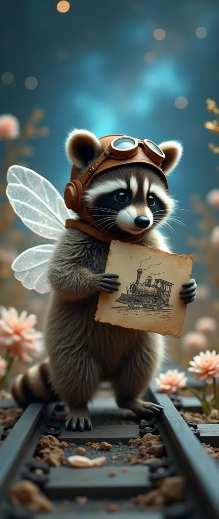 A cinematic photo of a cute, extra fluffy baby raccoon with a pilots helmet and glass wings made of cellophane. The raccoon is standing on a track with a pit of blackness and a galaxy. The raccoon is holding a drawing of a toy steam locomotive. The backgro...