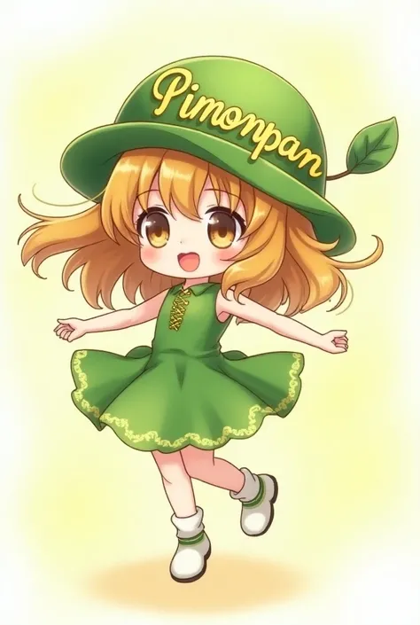 More descriptive and evocative
> "Visualize a charming chibi character named PIMONPAN, a girl with flowing, golden-brown locks and an infectious smile. Shes dressed in a vibrant apple green dress and a matching green hat, emblazoned with her name in elegan...