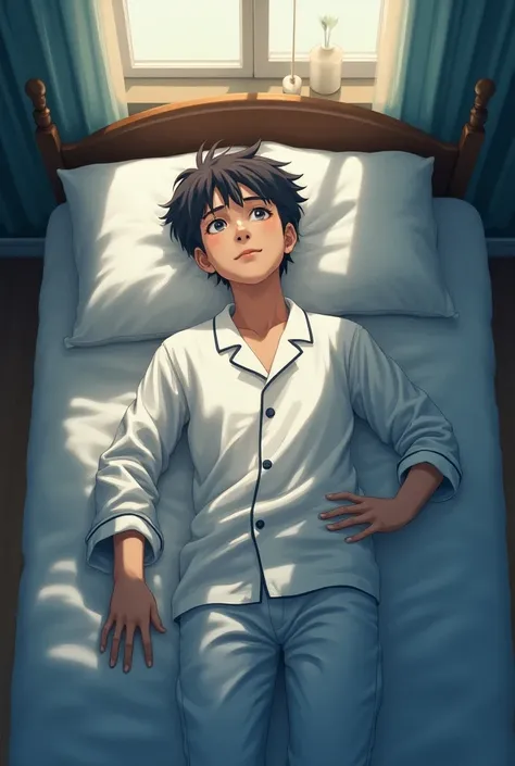 HD, (anime style, anime),  a young man, wearing pajamas , on the bed, lie on back, open his eye, see the hands,  far view, in the bed room , ultra-wide shot, ultra-wide angles, see full body, from above