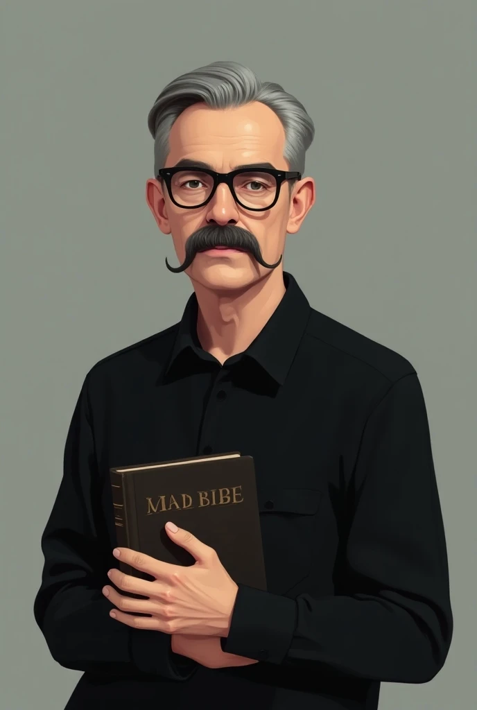  Create a stylized man with a mustache that only appears from the bust up . This man wears glasses and has a faded haircut  .  This man is wearing a black shirt holding a bible and the background of the image is gray.