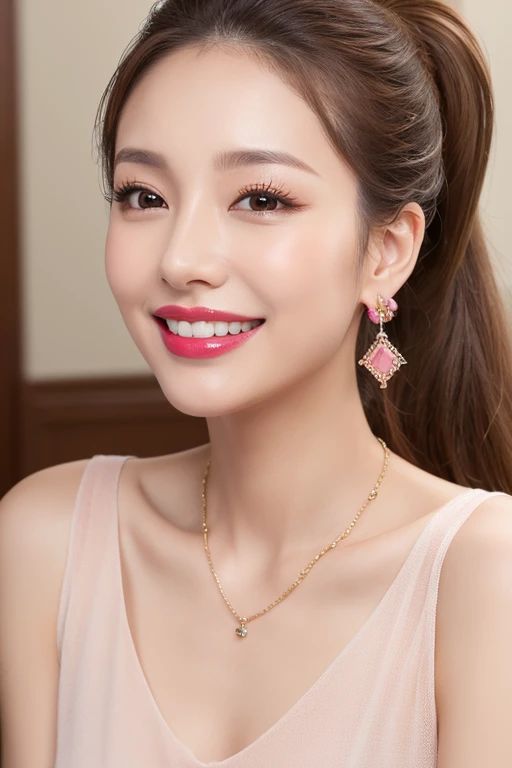 （Highest quality、Best Quality、  highest resolution  、masterpiece、 Details、Actual Photos）、 beautiful, sexy, cute, 31 years old 、((Light brown ponytail))、 is laughing、(( natural makeup))、Pink lipstick、necklace、Larger earrings、ring、(Slightly skinny body )、((I...