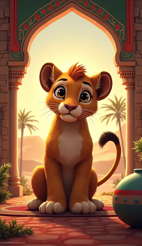 Moroccan Lion Cub: Design a lion cub in the colors of the Moroccan flag, staring into the camera against a background that represents Moroccan culture.