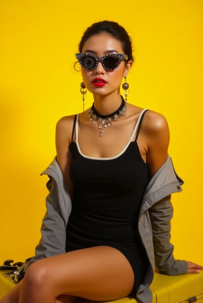  The model is wearing glass sunglasses with stars and the moon on the glass looking at the camera,  wearing fashionable clothes on a yellow background .  The person is wearing a black dress with shoulder straps and a white inner part . In addition,  The pe...