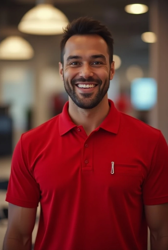 A man in help centre red in color